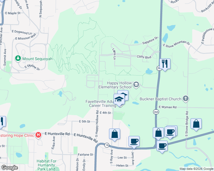 map of restaurants, bars, coffee shops, grocery stores, and more near 114 South Ray Avenue in Fayetteville