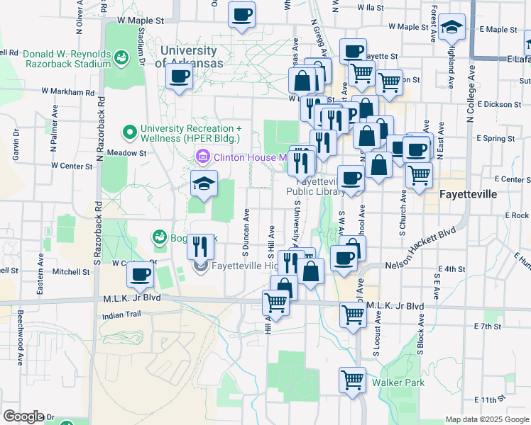 map of restaurants, bars, coffee shops, grocery stores, and more near in Fayetteville