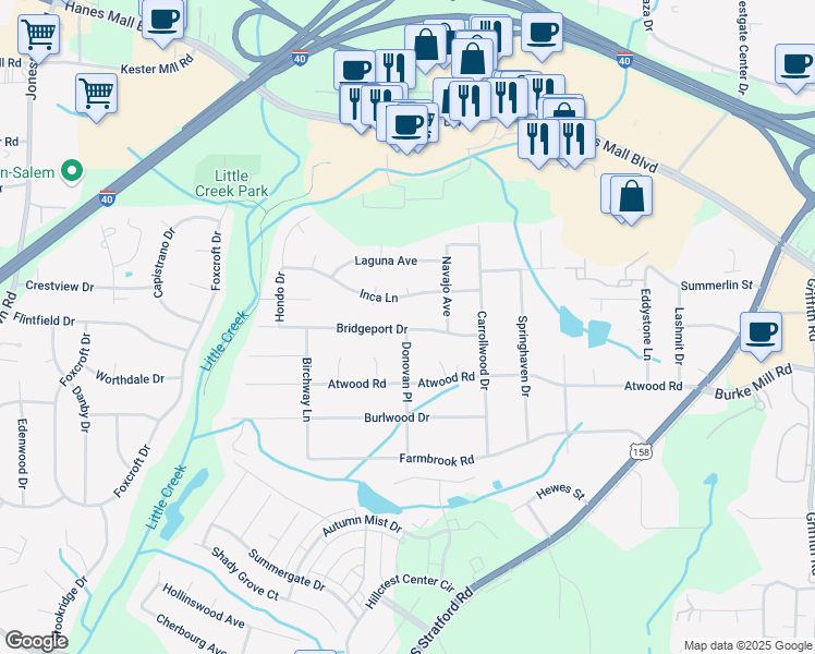 map of restaurants, bars, coffee shops, grocery stores, and more near 2724 Inca Lane in Winston-Salem