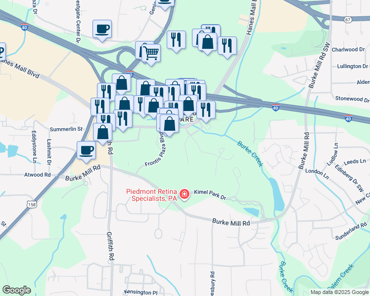 map of restaurants, bars, coffee shops, grocery stores, and more near Highland Oaks Drive in Winston-Salem