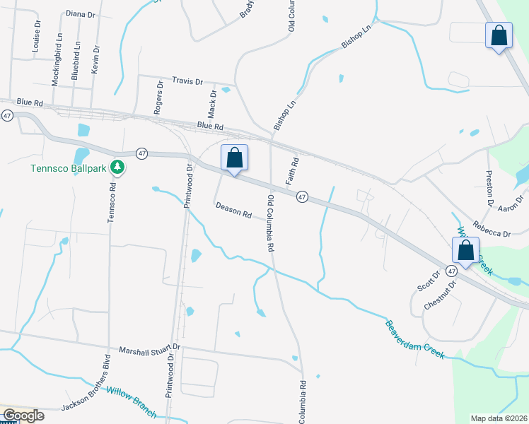 map of restaurants, bars, coffee shops, grocery stores, and more near 2122 Tennessee 47 in Dickson