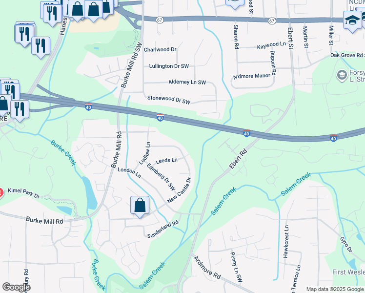 map of restaurants, bars, coffee shops, grocery stores, and more near 2129 New Castle Drive in Winston-Salem