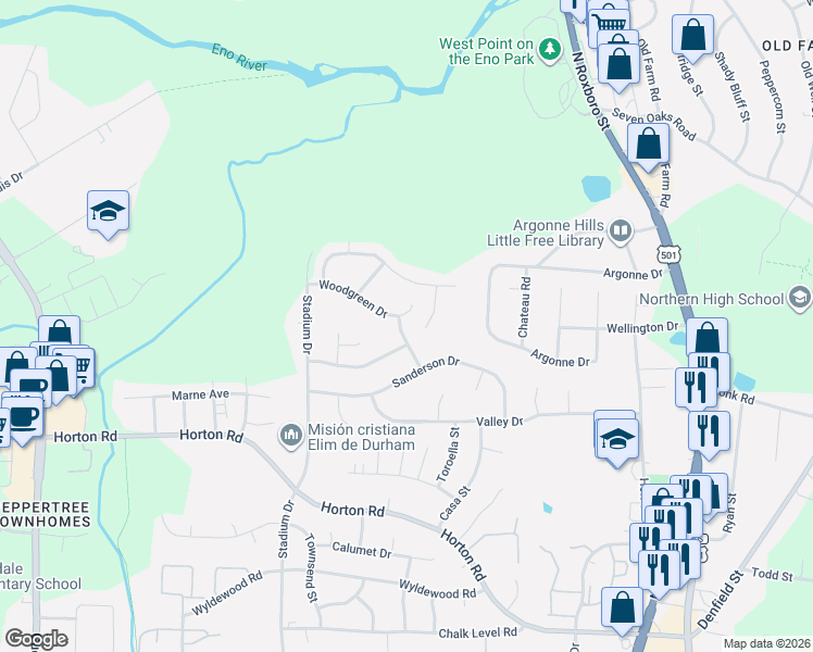 map of restaurants, bars, coffee shops, grocery stores, and more near 710 Woodgreen Drive in Durham