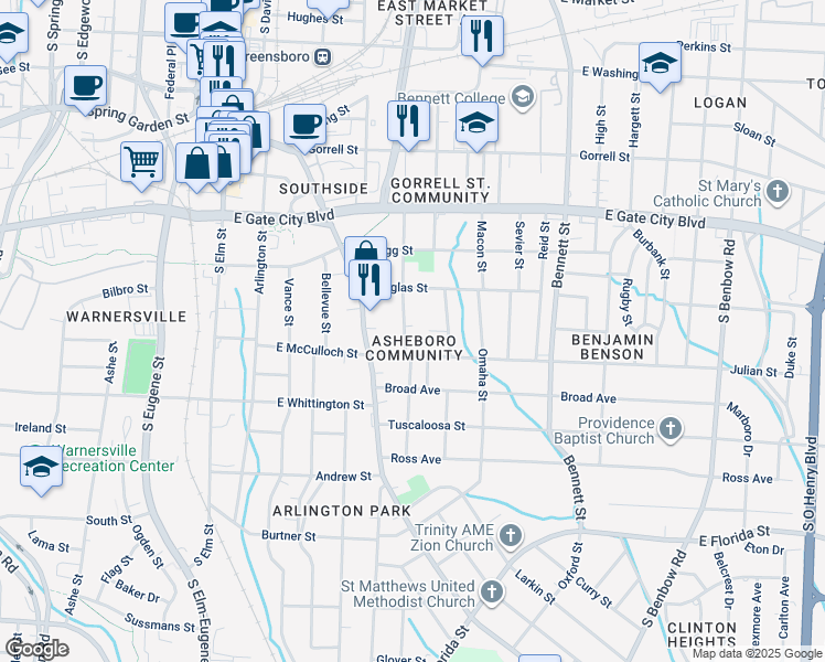 map of restaurants, bars, coffee shops, grocery stores, and more near 1011 South Pearson Street in Greensboro