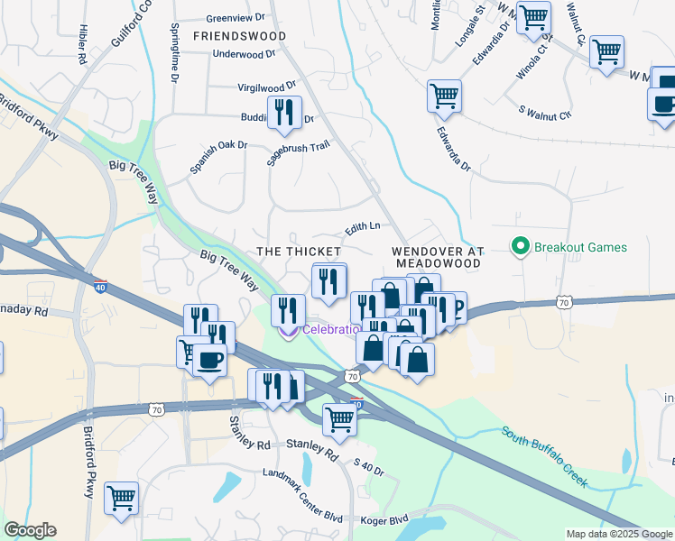 map of restaurants, bars, coffee shops, grocery stores, and more near 4340 Edith Lane in Greensboro