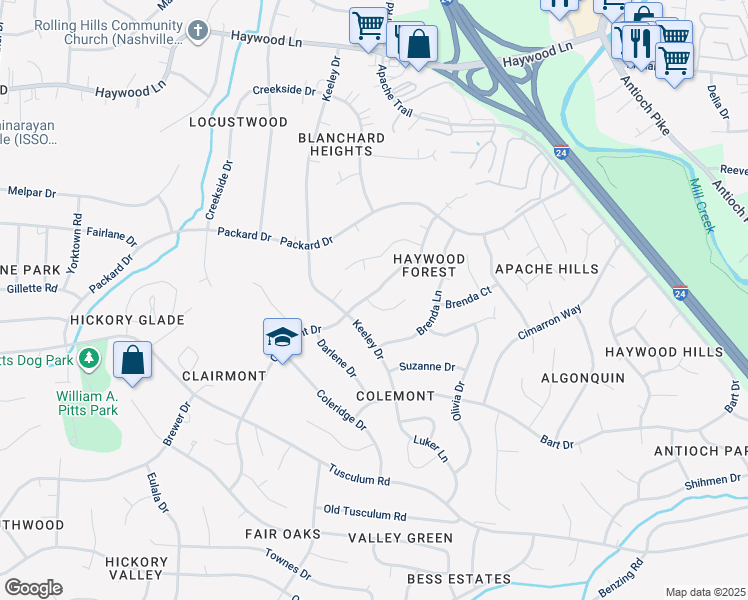 map of restaurants, bars, coffee shops, grocery stores, and more near 136 Colemont Drive in Nashville