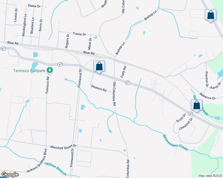 map of restaurants, bars, coffee shops, grocery stores, and more near 2122 Tennessee 47 in Dickson