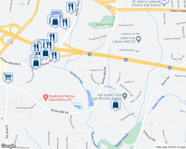 map of restaurants, bars, coffee shops, grocery stores, and more near 2028 Clayburne Drive in Winston-Salem