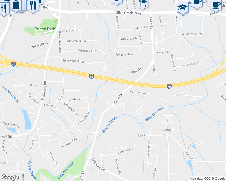 map of restaurants, bars, coffee shops, grocery stores, and more near 2350 Carlyle Place in Winston-Salem
