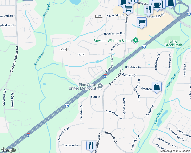 map of restaurants, bars, coffee shops, grocery stores, and more near 4979 Ampthill Lane in Winston-Salem