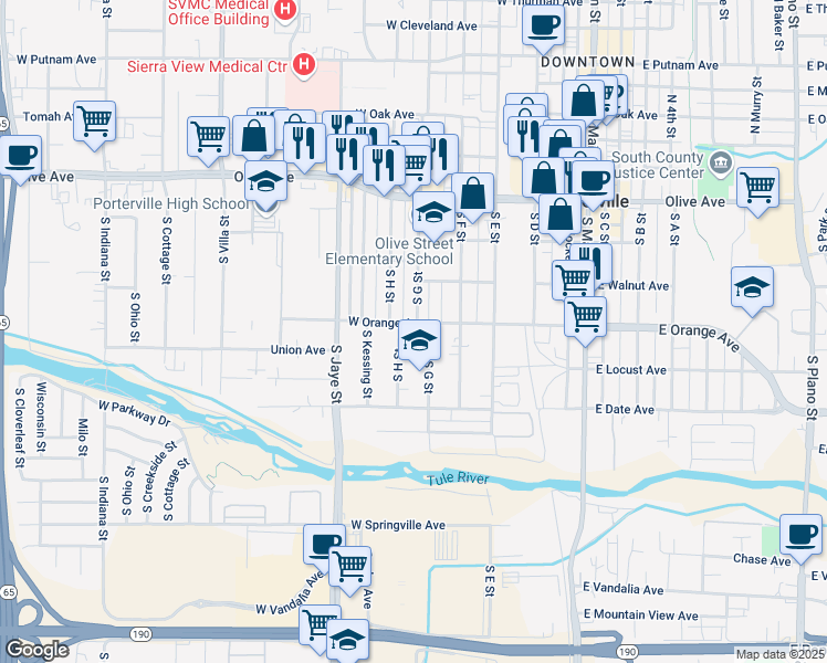 map of restaurants, bars, coffee shops, grocery stores, and more near 285 West Orange Avenue in Porterville
