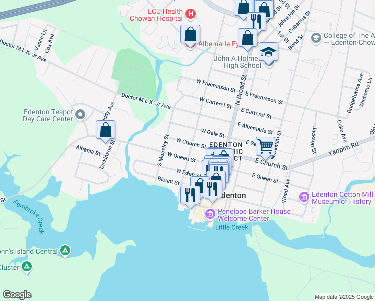 map of restaurants, bars, coffee shops, grocery stores, and more near 104 South Granville Street in Edenton