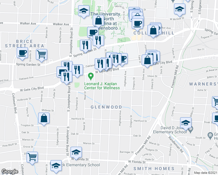 map of restaurants, bars, coffee shops, grocery stores, and more near 818 Lexington Ave in Greensboro