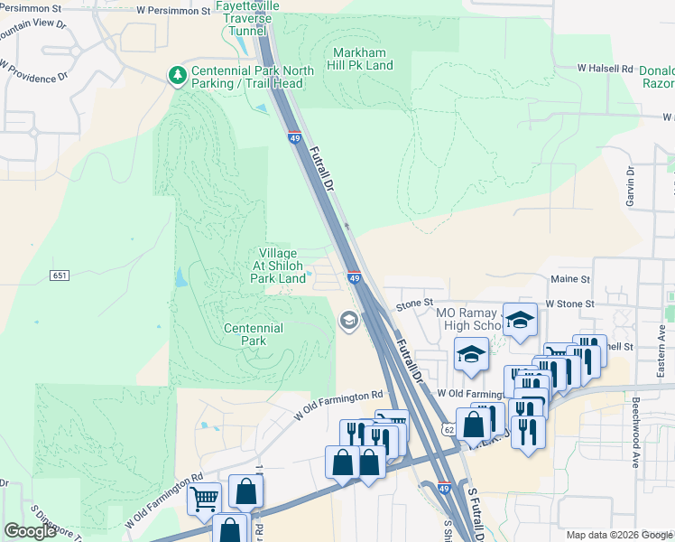 map of restaurants, bars, coffee shops, grocery stores, and more near Fulbright Expressway in Fayetteville
