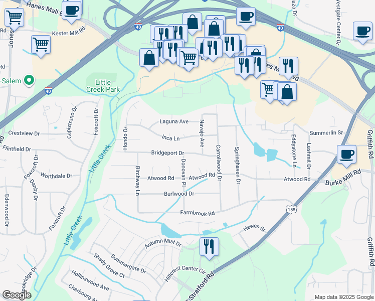 map of restaurants, bars, coffee shops, grocery stores, and more near 2741 Bridgeport Drive in Winston-Salem
