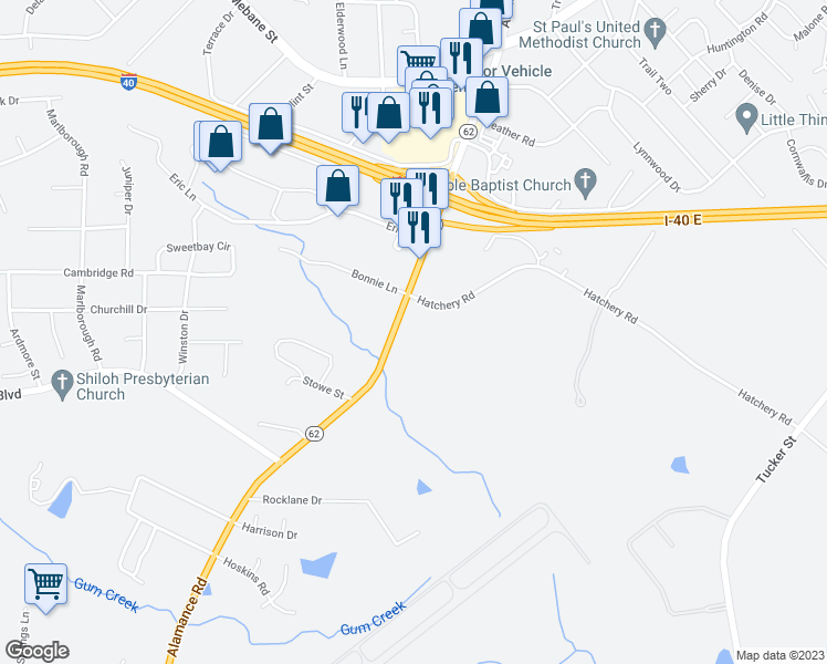 map of restaurants, bars, coffee shops, grocery stores, and more near 2828 Alamance Road in Burlington