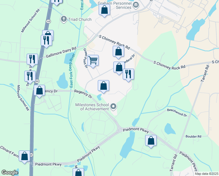 map of restaurants, bars, coffee shops, grocery stores, and more near 4336 Federal Drive in Greensboro
