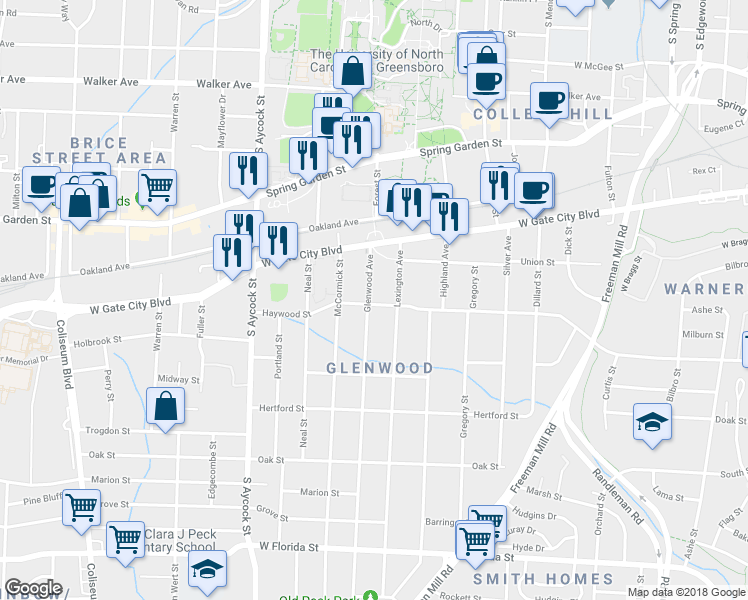 map of restaurants, bars, coffee shops, grocery stores, and more near 835 Glenwood Avenue in Greensboro