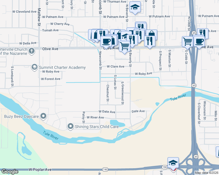 map of restaurants, bars, coffee shops, grocery stores, and more near 237 Chestnut Street in Porterville