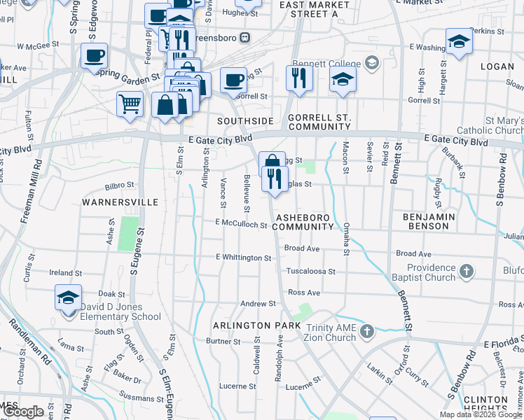 map of restaurants, bars, coffee shops, grocery stores, and more near 823 Bellevue Street in Greensboro