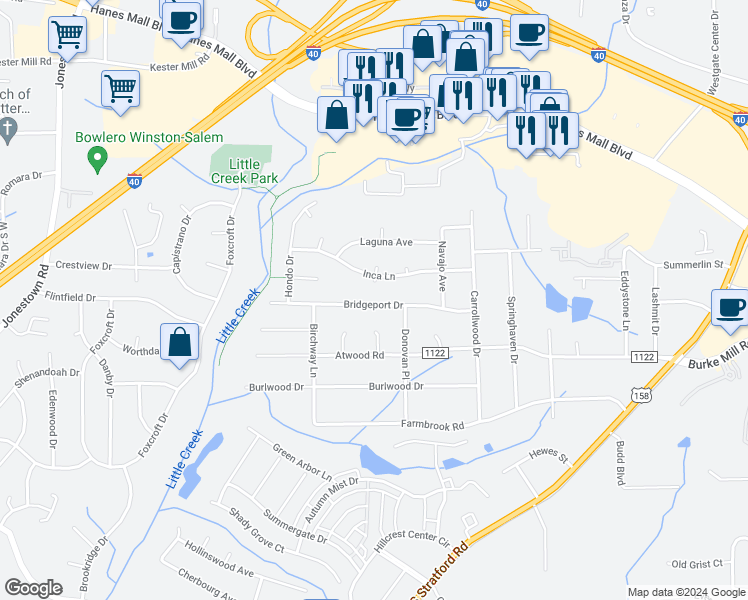 map of restaurants, bars, coffee shops, grocery stores, and more near 2825 Bridgeport Drive in Winston-Salem