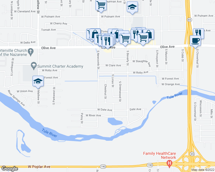 map of restaurants, bars, coffee shops, grocery stores, and more near 256 Chestnut Street in Porterville