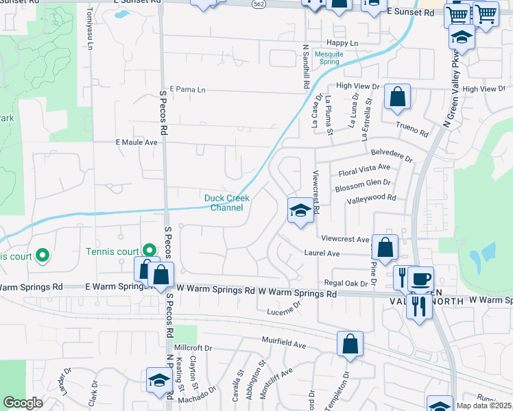 map of restaurants, bars, coffee shops, grocery stores, and more near 128 Quail Run Road in Henderson