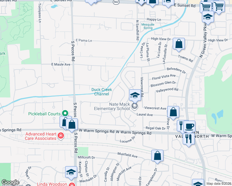 map of restaurants, bars, coffee shops, grocery stores, and more near 132 Quail Run Road in Henderson