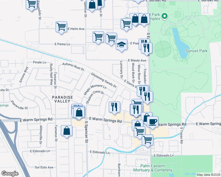 map of restaurants, bars, coffee shops, grocery stores, and more near 2058 Glistening Sands Drive in Las Vegas