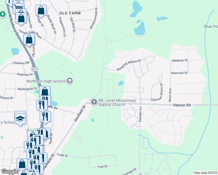 map of restaurants, bars, coffee shops, grocery stores, and more near 4728 Denfield Street in Durham