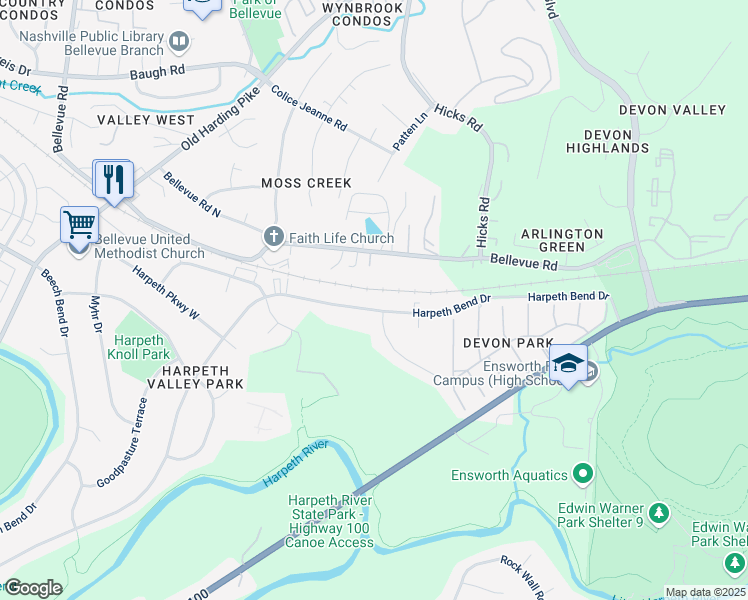 map of restaurants, bars, coffee shops, grocery stores, and more near 618 Harpeth Bend Drive in Nashville