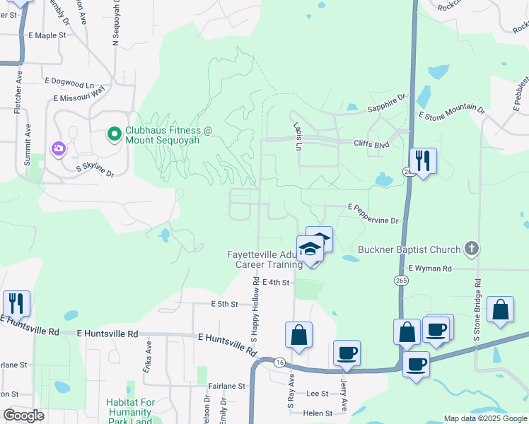 map of restaurants, bars, coffee shops, grocery stores, and more near 107 South Pinyon Point in Fayetteville
