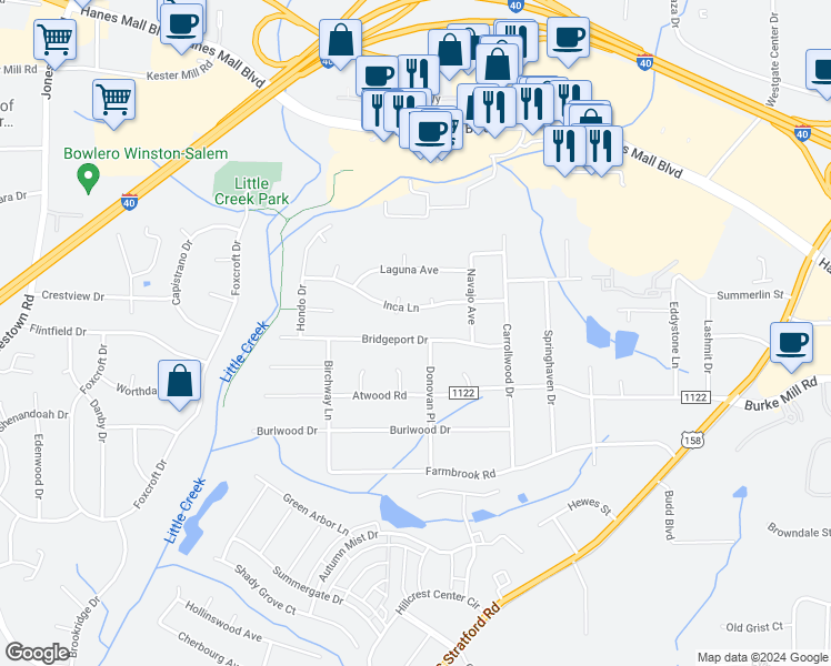 map of restaurants, bars, coffee shops, grocery stores, and more near 2807 Bridgeport Drive in Winston-Salem