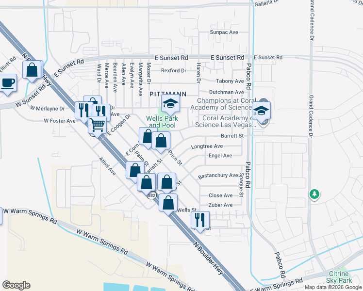 map of restaurants, bars, coffee shops, grocery stores, and more near 416 East Barrett Street in Henderson