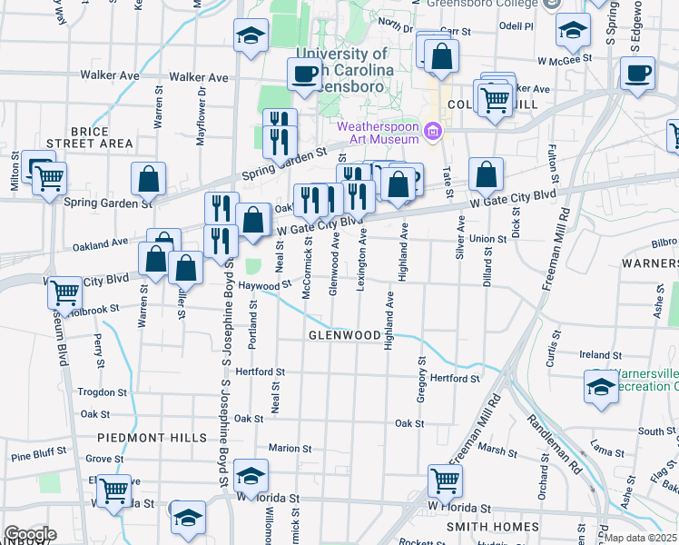 map of restaurants, bars, coffee shops, grocery stores, and more near 835 Glenwood Avenue in Greensboro