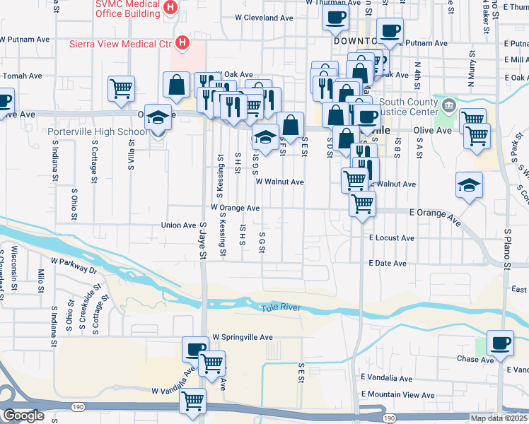 map of restaurants, bars, coffee shops, grocery stores, and more near 249 West Orange Avenue in Porterville