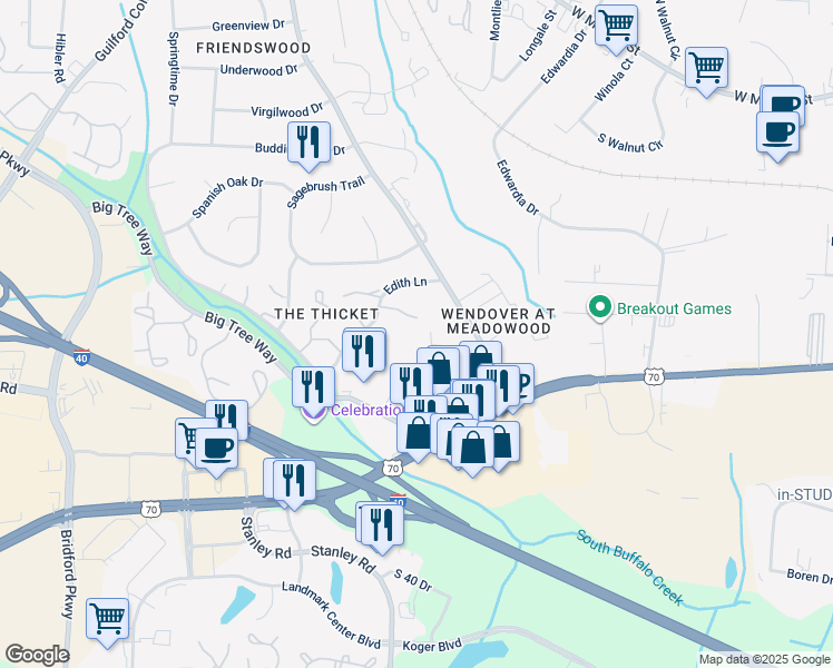 map of restaurants, bars, coffee shops, grocery stores, and more near 911 Pilgrims Church Road in Greensboro
