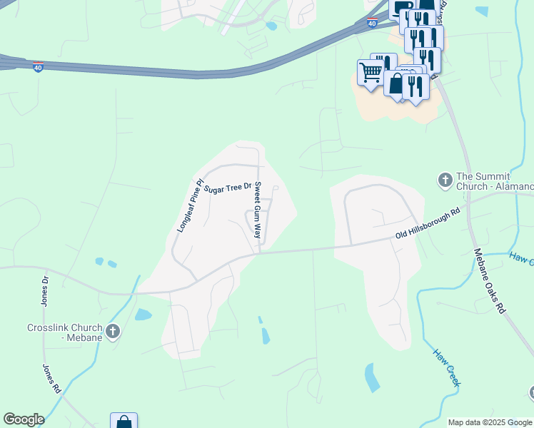 map of restaurants, bars, coffee shops, grocery stores, and more near Yellow Wood Drive in Mebane