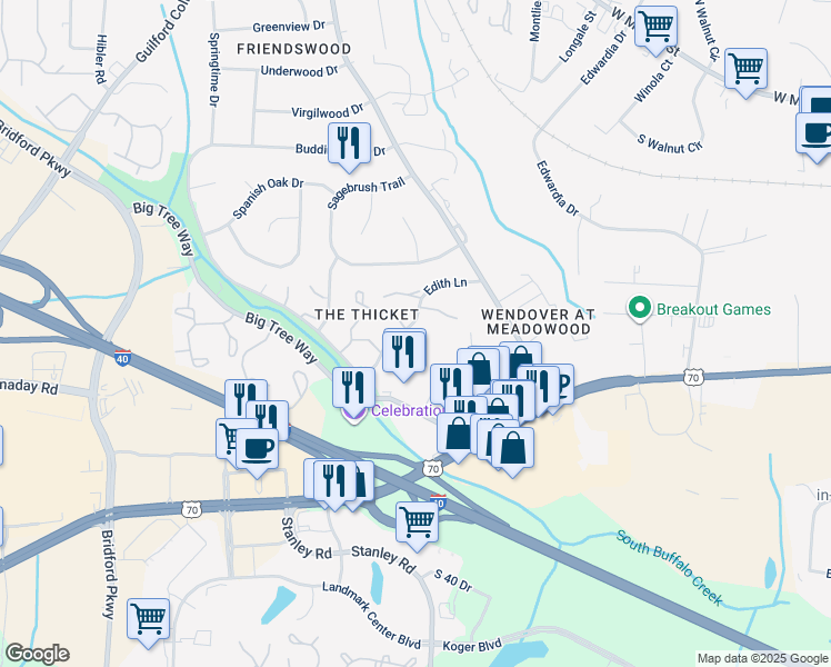 map of restaurants, bars, coffee shops, grocery stores, and more near 4231 Edith Lane in Greensboro