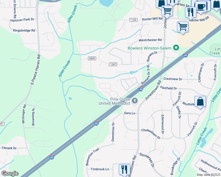 map of restaurants, bars, coffee shops, grocery stores, and more near 5097 Wyngate Village Drive in Winston-Salem