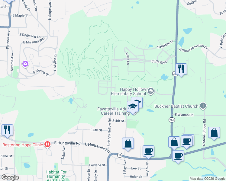 map of restaurants, bars, coffee shops, grocery stores, and more near 107 South Pinyon Point in Fayetteville