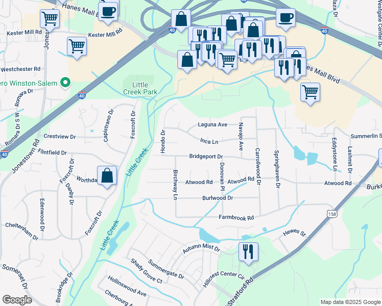 map of restaurants, bars, coffee shops, grocery stores, and more near 2855 Bridgeport Drive in Winston-Salem