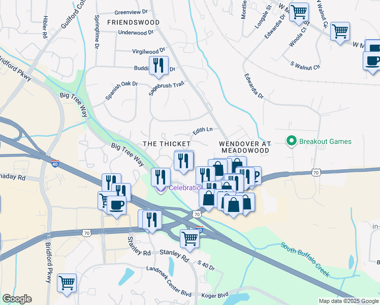 map of restaurants, bars, coffee shops, grocery stores, and more near 4231 Edith Lane in Greensboro
