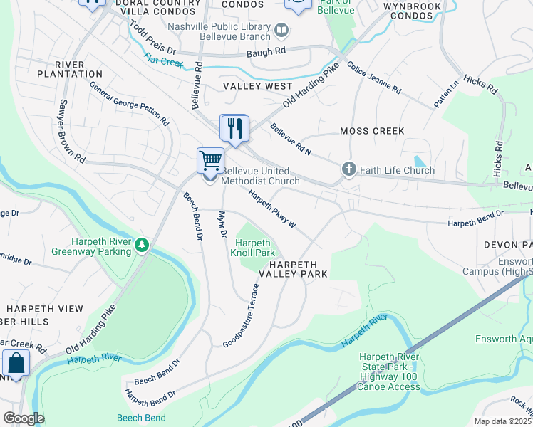 map of restaurants, bars, coffee shops, grocery stores, and more near 730 Harpeth Parkway West in Nashville