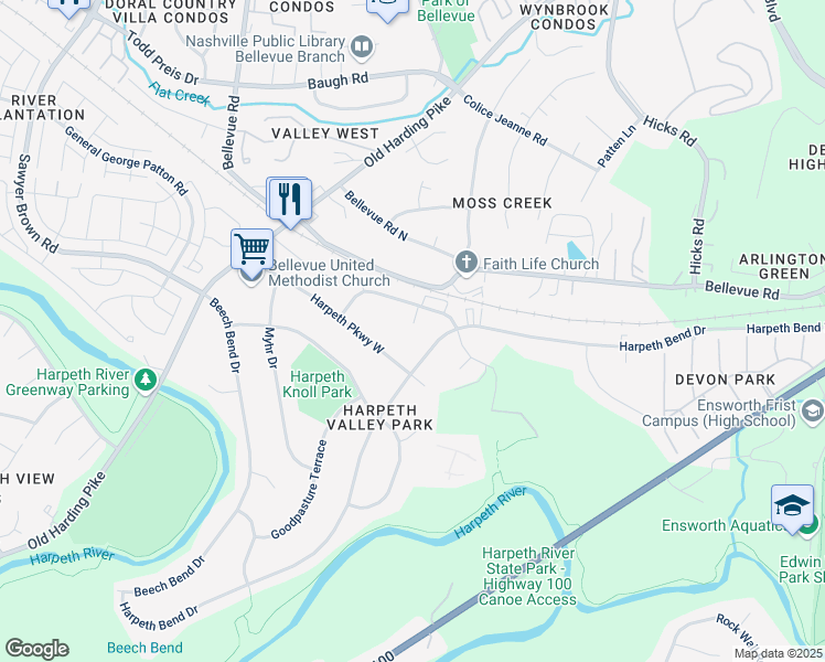 map of restaurants, bars, coffee shops, grocery stores, and more near 711 McPherson Drive in Nashville