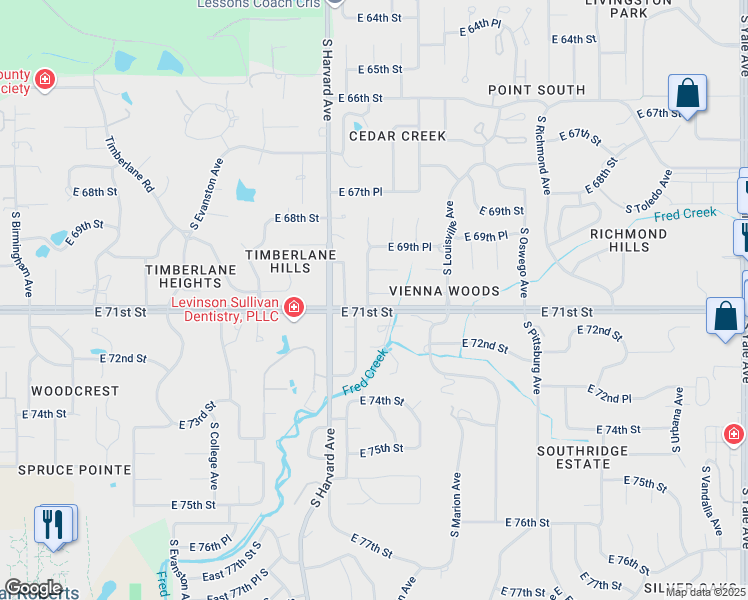 map of restaurants, bars, coffee shops, grocery stores, and more near 7020 South Jamestown Avenue in Tulsa