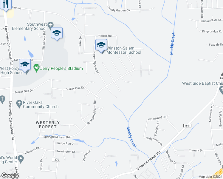 map of restaurants, bars, coffee shops, grocery stores, and more near 1809 Harper Spring Drive in Clemmons