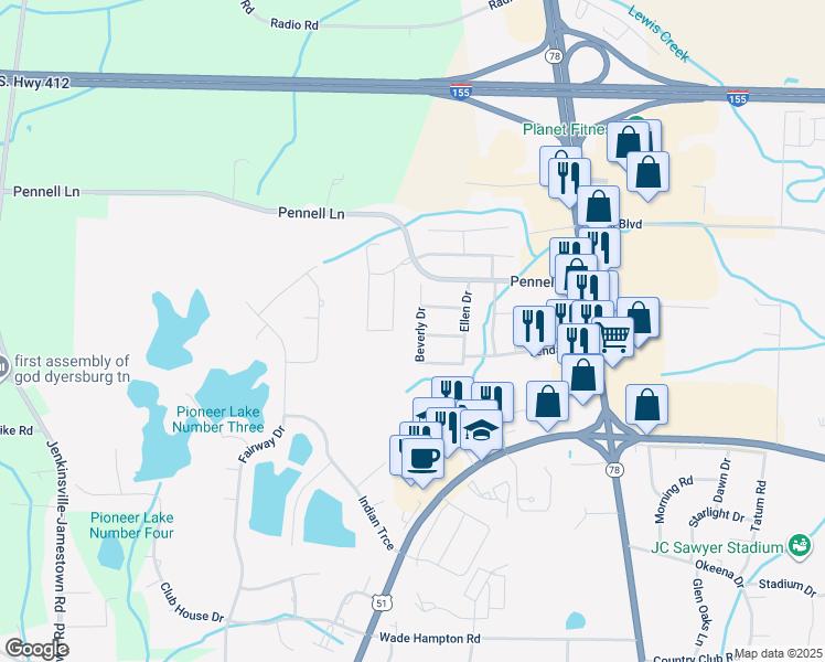 map of restaurants, bars, coffee shops, grocery stores, and more near 2166 Oakmont Avenue in Dyersburg
