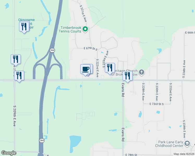 map of restaurants, bars, coffee shops, grocery stores, and more near 22201 East 71st Street South in Broken Arrow