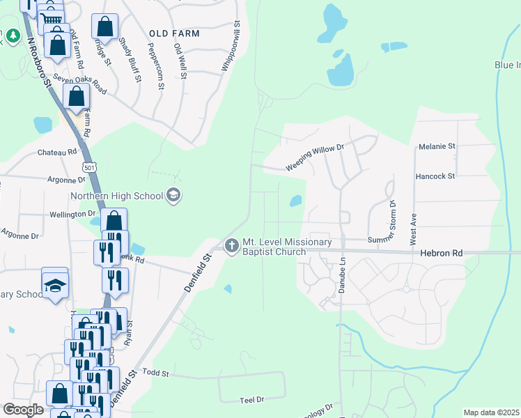 map of restaurants, bars, coffee shops, grocery stores, and more near 4728 Denfield Street in Durham